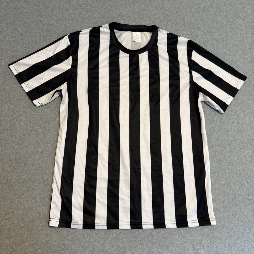 Referee Costume Halloween Black White Striped Shirt Short Sleeve ADULT LARGE